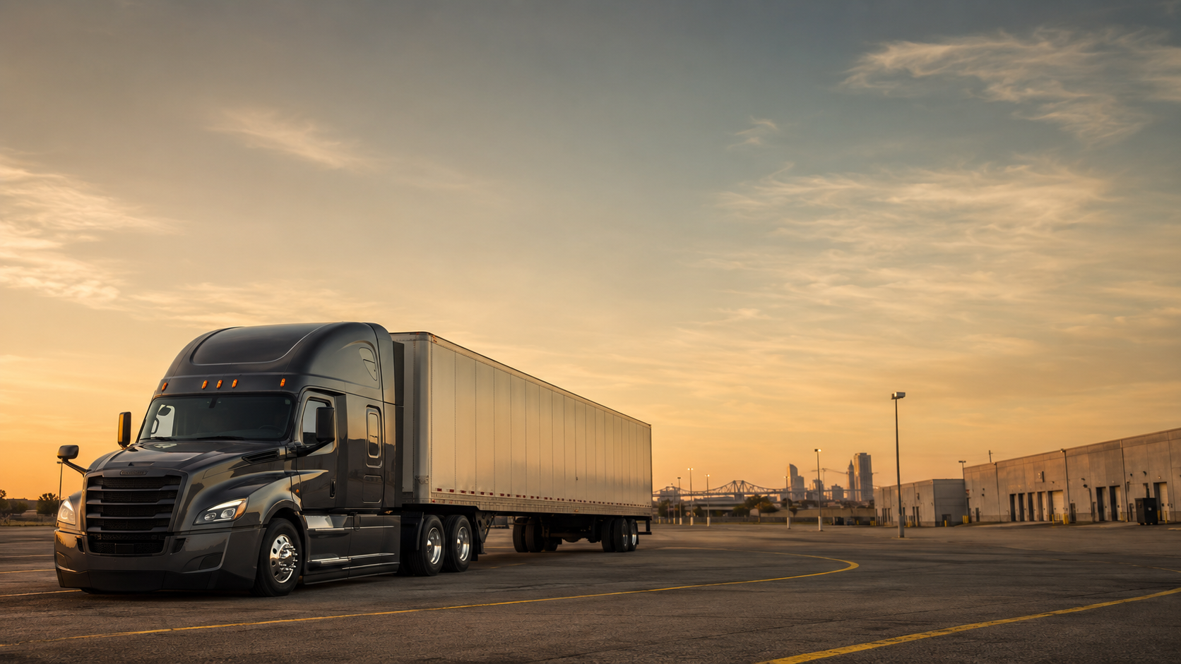 Concept image of a parked Class A tractor-trailer in a training yard at sunset